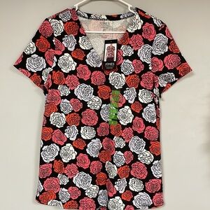 Jones New York-NWT-Pullover Tee / Top-Size Large, black with read & pink roses